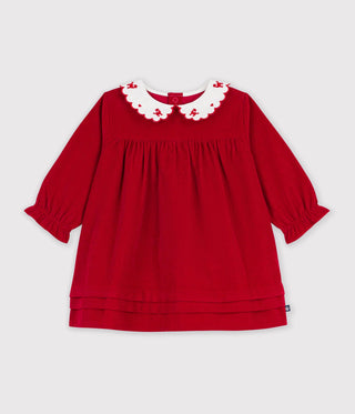BABY GIRL'S LONG-SLEEVED CORDUROY DRESS WITH AN EMBROIDERED COLLAR