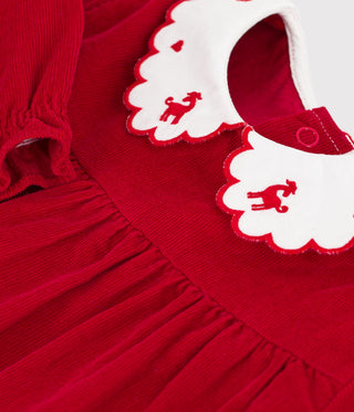 BABY GIRL'S LONG-SLEEVED CORDUROY DRESS WITH AN EMBROIDERED COLLAR