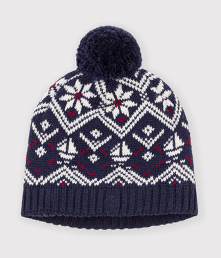 BOY'S JACQUARD HAT IN WOOL AND COTTON WITH FLEECE LINING