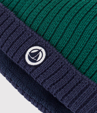 BABY TWO-COLOUR ORGANIC COTTON KNITTED BEANIE WITH A FLEECE LINING