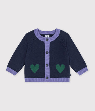 BABY GIRL'S JAQUARD HEART PATTERN CARDIGAN KNITTED IN WOOL AND COTTON
