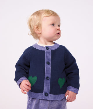 BABY GIRL'S JAQUARD HEART PATTERN CARDIGAN KNITTED IN WOOL AND COTTON