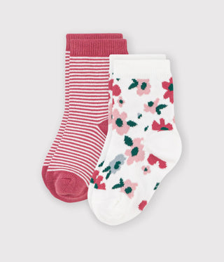 BABY GIRL'S COTTON SOCKS WITH STRIPES AND A FLORAL PRINT - 2-PACK
