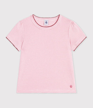 GIRL'S SHORT-SLEEVED STRIPY ORGANIC COTTON T-SHIRT