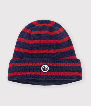 BOY'S STRIPY KNITTED BEANIE HAT LINED IN ORGANIC POLAR FLEECE