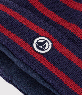 BOY'S STRIPY KNITTED BEANIE HAT LINED IN ORGANIC POLAR FLEECE
