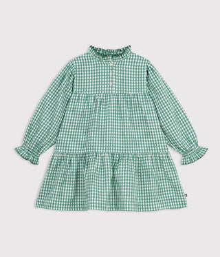 GIRL'S LONG-SLEEVED ORGANIC COTTON POPLIN GINGHAM DRESS