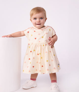 BABY GIRL'S SHORT-SLEEVED COTTON DRESS PRINTED WITH HEARTS