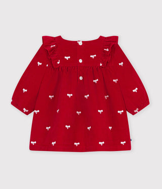 BABY GIRL'S DRESS IN VELOUR WITH LONG SLEEVES AND BOW MOTIF EMBROIDERY