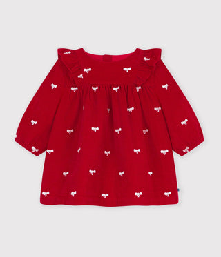 BABY GIRL'S DRESS IN VELOUR WITH LONG SLEEVES AND BOW MOTIF EMBROIDERY
