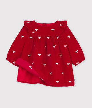 BABY GIRL'S DRESS IN VELOUR WITH LONG SLEEVES AND BOW MOTIF EMBROIDERY