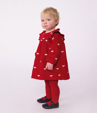 BABY GIRL'S DRESS IN VELOUR WITH LONG SLEEVES AND BOW MOTIF EMBROIDERY