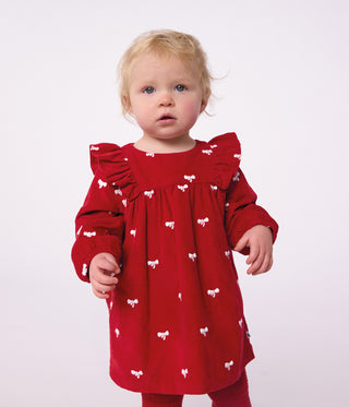BABY GIRL'S DRESS IN VELOUR WITH LONG SLEEVES AND BOW MOTIF EMBROIDERY