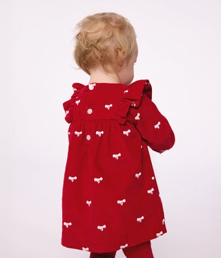 BABY GIRL'S DRESS IN VELOUR WITH LONG SLEEVES AND BOW MOTIF EMBROIDERY
