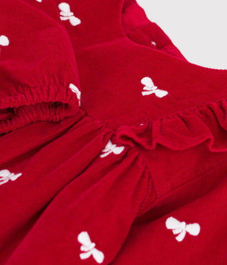 BABY GIRL'S DRESS IN VELOUR WITH LONG SLEEVES AND BOW MOTIF EMBROIDERY