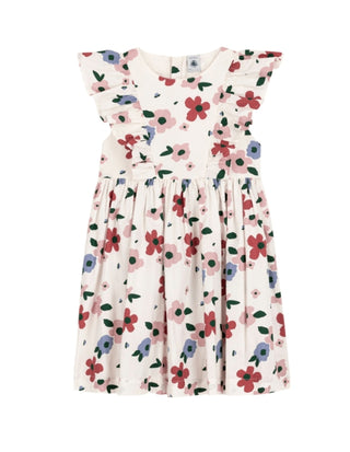 GIRL'S SHORT-SLEEVED ORGANIC COTTON SEERSUCKER DRESS WITH FLOWERS
