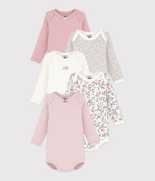 BABY GIRL'S LONG-SLEEVED BODIES IN ORGANIC COTTON PRINTED WITH FLOWERS - 5-PACK