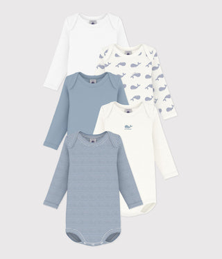 BABY UNISEX LONG-SLEEVED WHALE-PRINT ORGANIC COTTON BODIES - 5-PACK