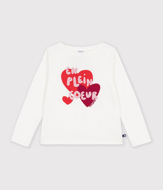 GIRL'S LONG-SLEEVED HEART-PATTERNED ORGANIC COTTON T-SHIRT