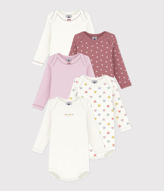 BABY GIRL'S LONG-SLEEVED HEART-PRINT ORGANIC COTTON BODIES - 5-PACK