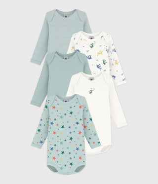 BABY UNISEX LONG-SLEEVED DRAGON-PRINT ORGANIC COTTON BODIES - 5-PACK