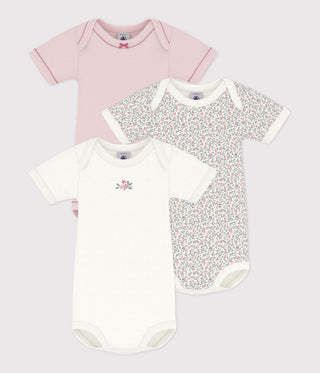 BABY GIRL'S SHORT-SLEEVED FLOWER PRINT ORGANIC COTTON BODIES - 3-PACK