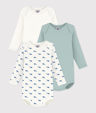 BABY UNISEX LONG-SLEEVED WHALE-PRINT COTTON BODIES - 3-PACK