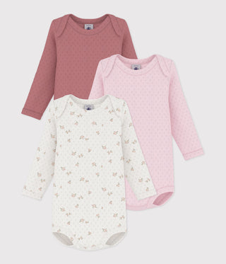 BABY GIRL'S LONG-SLEEVED BODIES IN COTTON PRINTED WITH FLOWERS - 3-PACK