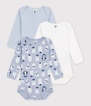 BABY UNISEX LONG SLEEVED SNOWMAN-PRINT COTTON BODIES - 3-PACK