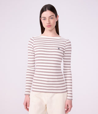 WOMEN'S ADMIRAL COLLAR STRIPY COTTON T-SHIRT WITH LONG SLEEVES