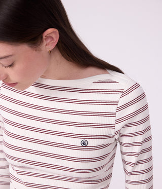 WOMEN'S ADMIRAL COLLAR STRIPY COTTON T-SHIRT WITH LONG SLEEVES