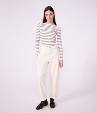 WOMEN'S ADMIRAL COLLAR STRIPY COTTON T-SHIRT WITH LONG SLEEVES