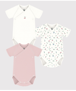 BABIES' SHORT-SLEEVED PRINTED COTTON WRAPOVER BODYSUITS - 3-PACK