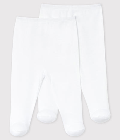 BABIES' WHITE ORGANIC COTTON TROUSERS WITH FEET - 2-PACK
