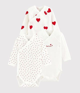 BABY GIRL'S ORGANIC COTTON WRAPOVER RED HEART PRINT BODYSUIT - 3-PACK