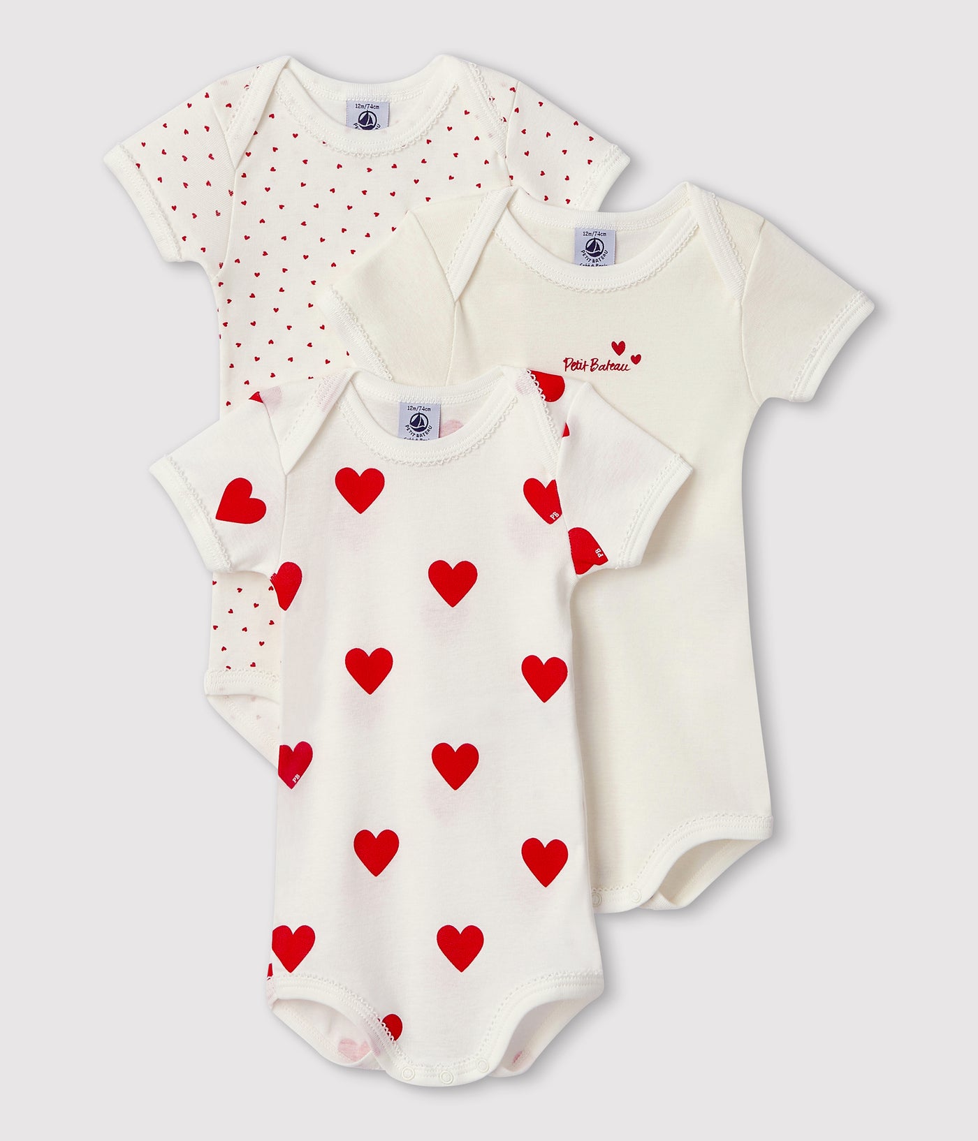 BABIES' HEART PATTERNED SHORT-SLEEVED COTTON BODYSUITS - 3-PACK