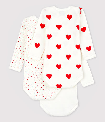 BABIES' HEART PATTERNED LONG-SLEEVED COTTON BODYSUITS - 3-PACK