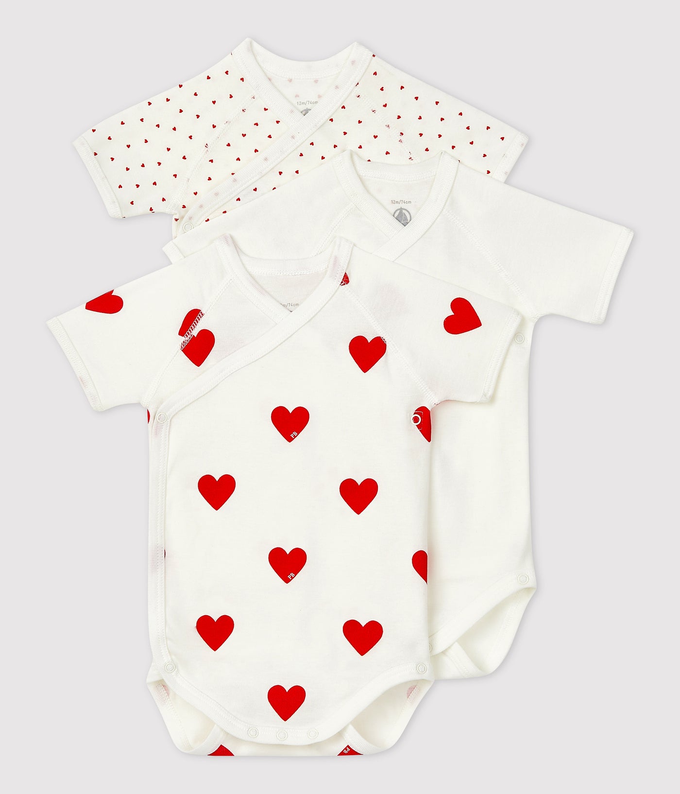 BABIES' HEART PATTERNED WRAPOVER SHORT-SLEEVED COTTON BODYSUITS - PACK OF 3