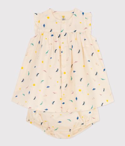 BABIES' PATTERNED POPLIN DRESS AND BLOOMERS