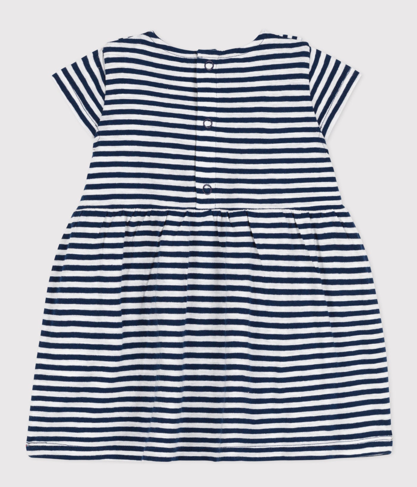 Petit Bateau STRIPED DRESS MADE OF SLUB JERSEY: A SOFT FABRIC WITH SOME TEXTURE THAT'S PERFECT FOR SUMMER.<br>There are lovely vertical ruffles on each side.<br>Poppers on the back: handy when getting baby dressed.<br>The perfect gift!