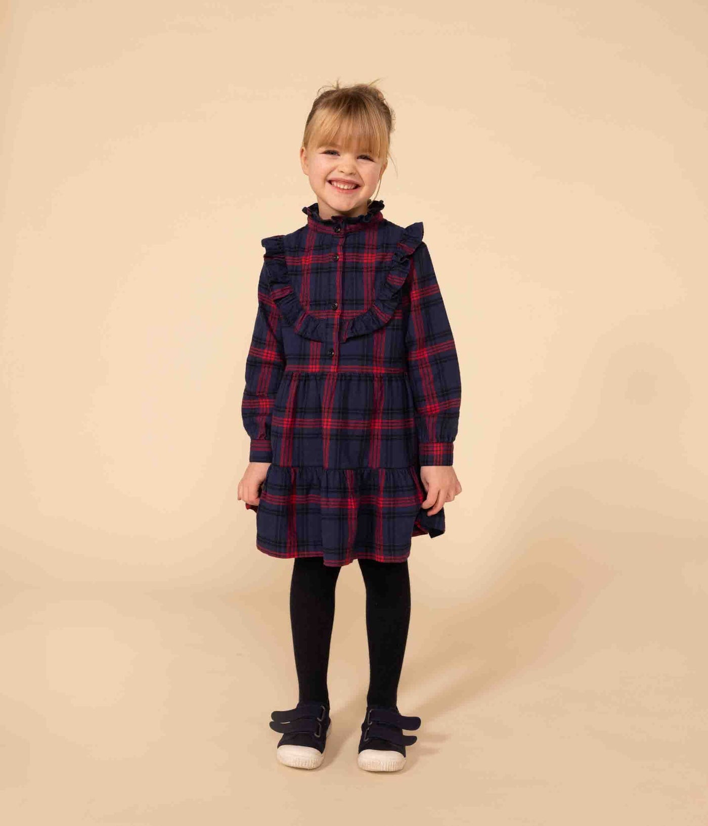GIRLS' LONG-SLEEVED CHECKED DRESS IN CHECKED COTTON FLANNEL