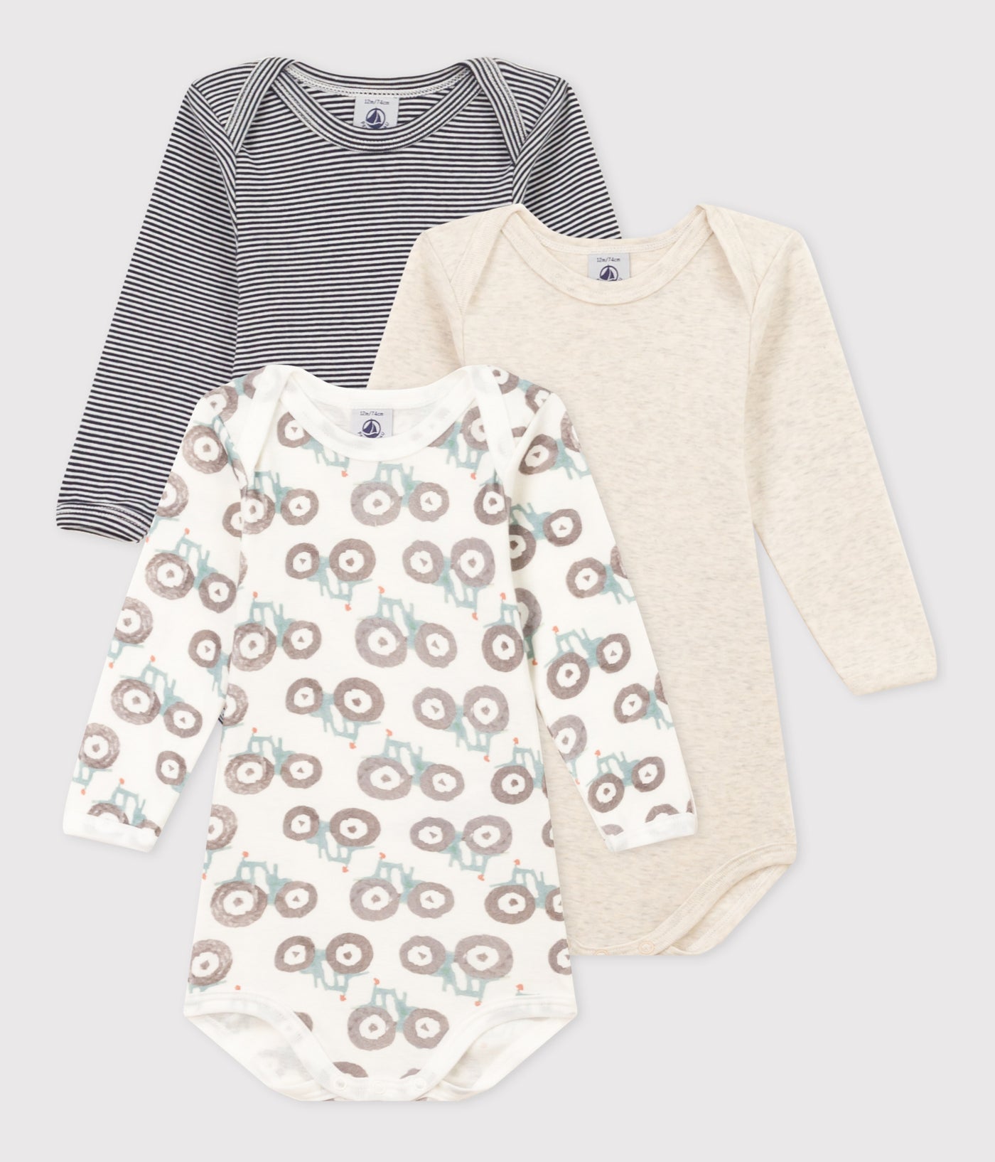 BABIES' TRACTOR PATTERNED LONG-SLEEVED COTTON BODYSUITS - 3-PACK