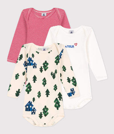 BABIES' CHRISTMAS TREE THEMED LONG-SLEEVED COTTON BODYSUITS - 3-PACK
