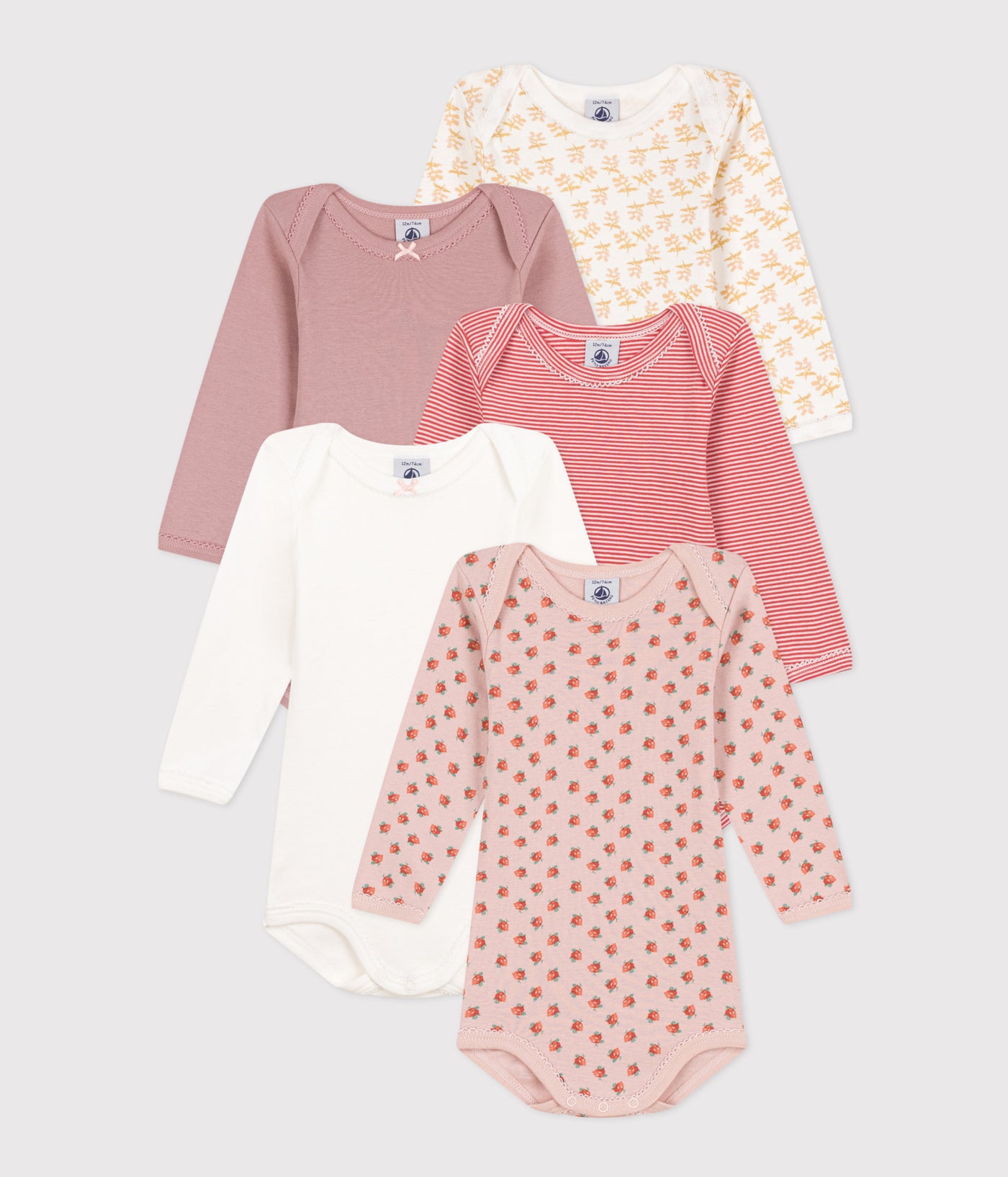 BABIES' FLORAL LONG-SLEEVED COTTON BODYSUITS - 5-PACK