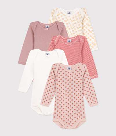 BABIES' FLORAL LONG-SLEEVED COTTON BODYSUITS - 5-PACK