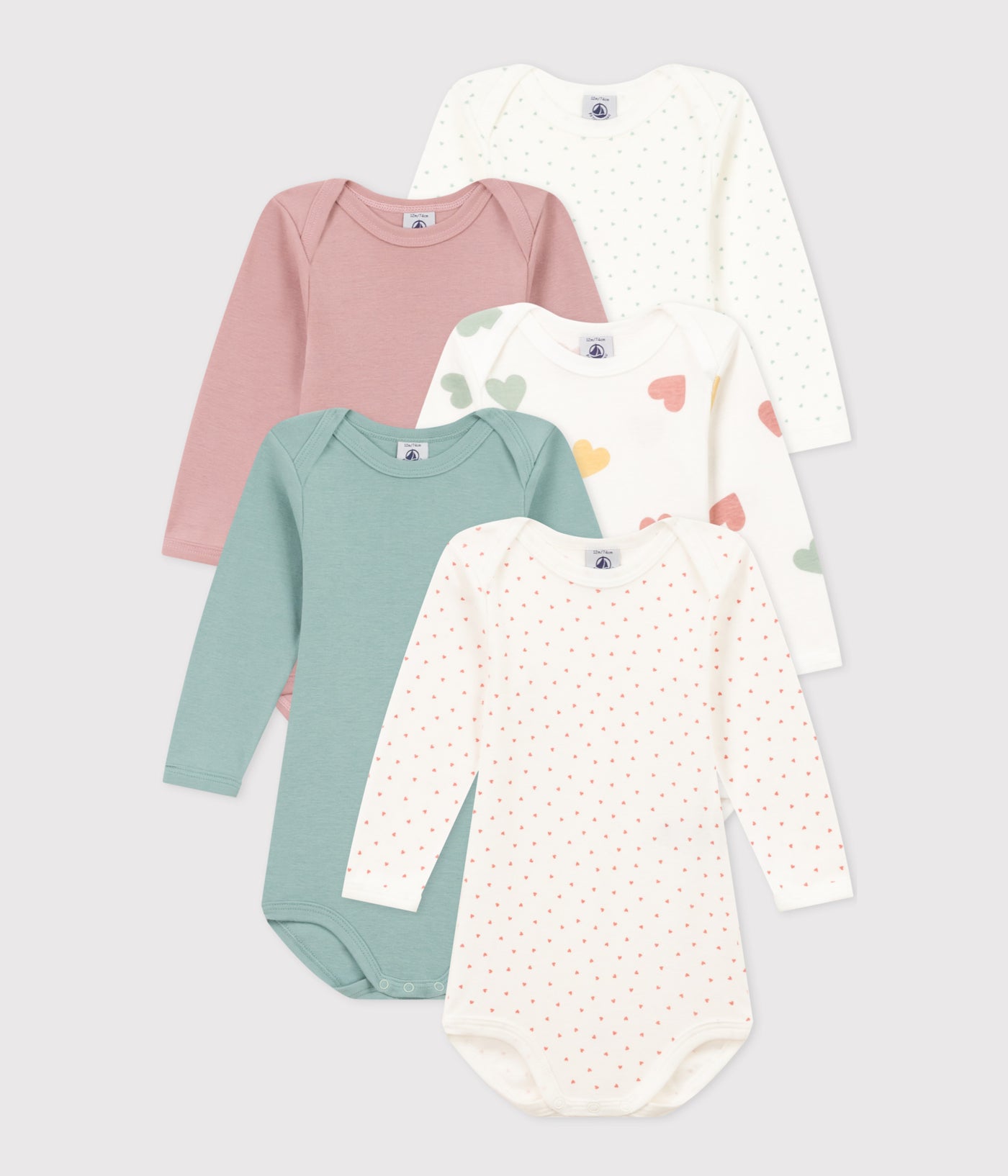 BABIES' HEART PATTERNED LONG-SLEEVED COTTON BODYSUITS - 5-PACK