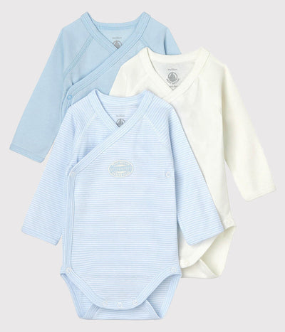 BABIES' PINSTRIPED LONG-SLEEVED WRAPOVER ORGANIC COTTON BODYSUITS - 3-PACK