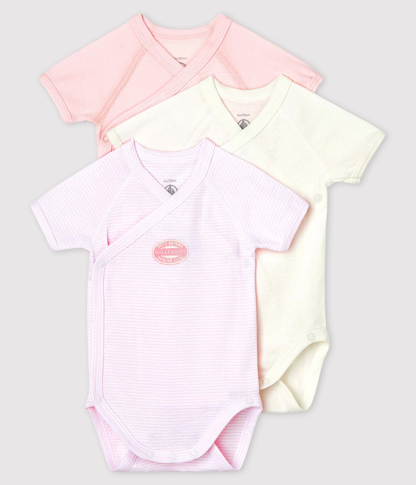 BABIES' SHORT-SLEEVED PINSTRIPED WRAPOVER ORGANIC COTTON BODYSUITS - 3-PACK