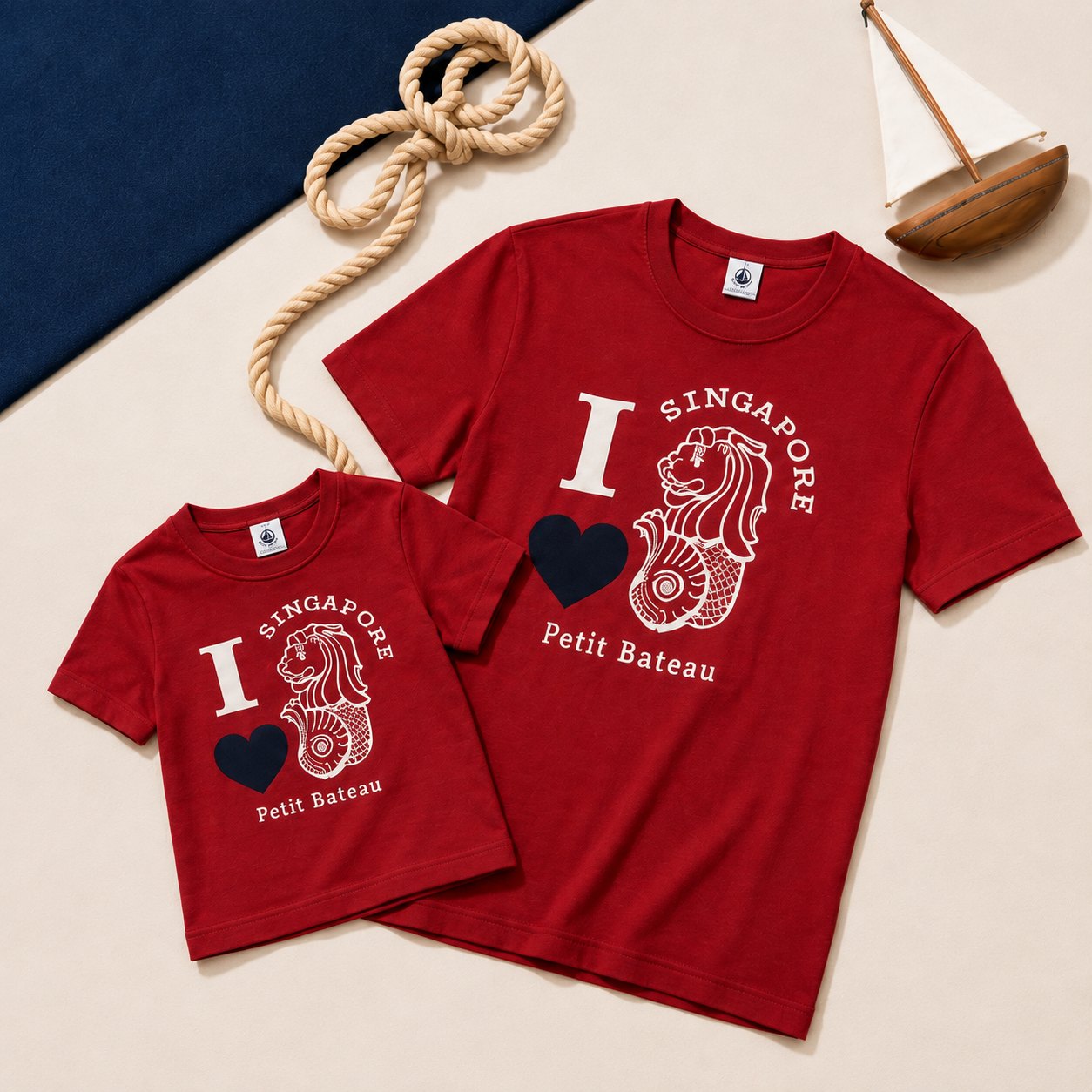 Petit Bateau Singapore exclusive I love Singapore T-shirts in red, in adult and children's sizes