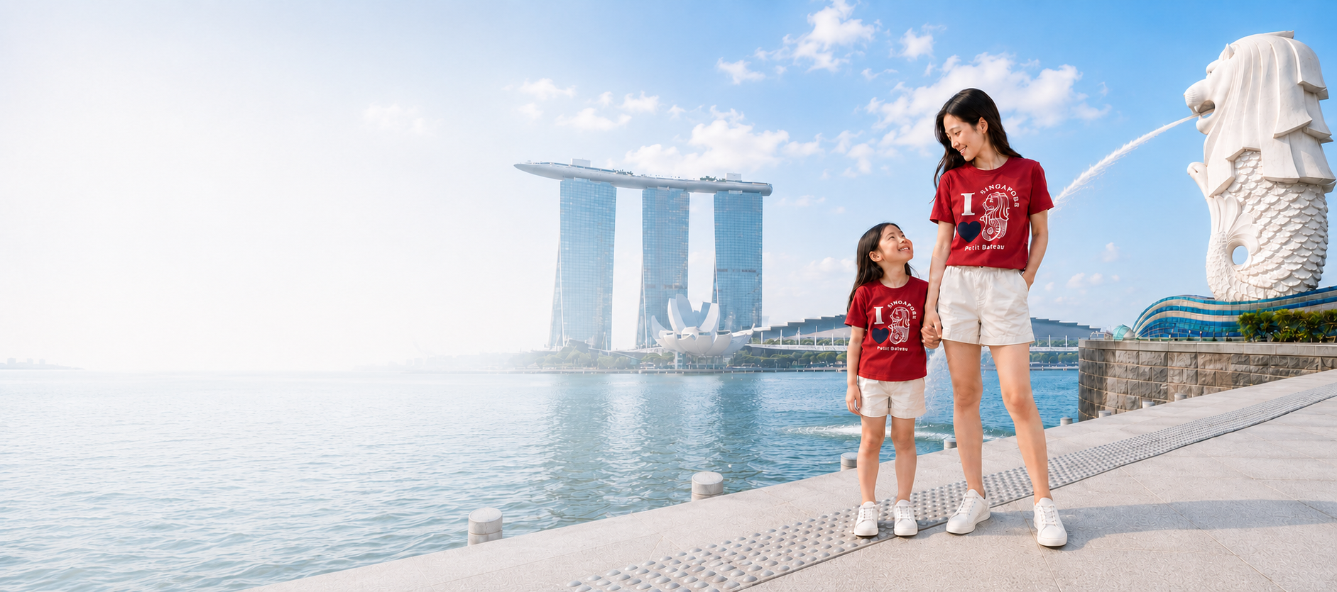 Mother and daughter wearing the Petit Bateau Singapore collection at Marina Bay